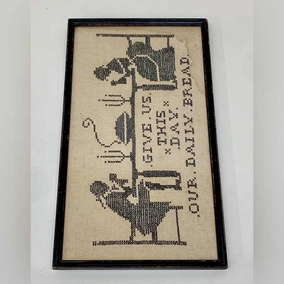 Antique Black Wooden Framed Give Us This Day Our Daily Bread Handmade Sampler - Picture 9 of 13